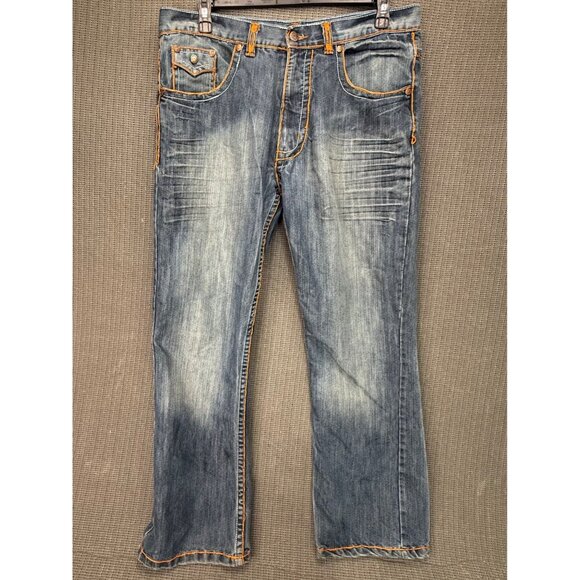 Royal Army Mens Size 38/34 Blue Distressed Jeans Embroidered Back Pockets - Picture 1 of 9